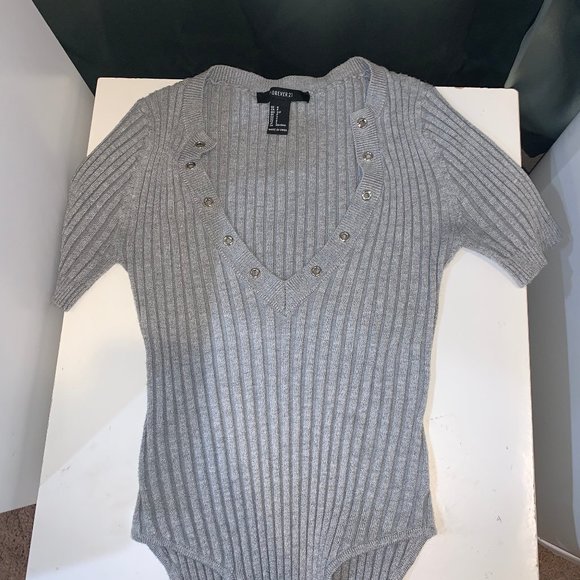 Grey ribbed v neck bodysuit - Picture 2 of 3